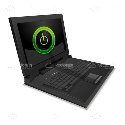 Black Laptop with Green Power Icon on Screen